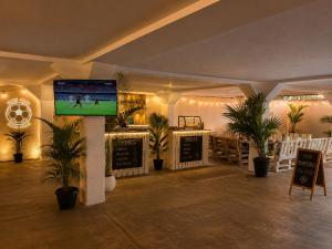 a room with a tv on a wall with plants at Mariachi House in Mexico City