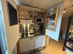 a small kitchen with a sink and a microwave at Villa Malena Guesthouse in Fensmark