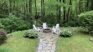 two chairs and a fire pit in a garden at Hickory Creek Hideaway in Maggie Valley