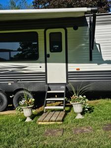 an rv with a ladder in front of it with two plants at Cozy Camper in Newfield