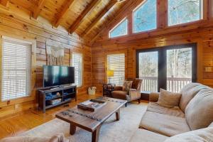 a living room with a couch and a tv at The Lovely Cabin in Black Mountain