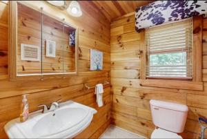 a bathroom with a toilet and a sink in a log cabin at 4 Bed 4 Bath Vacation home in Sylva in Sylva