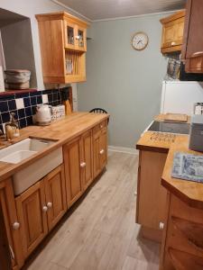 a kitchen with wooden cabinets and a sink at Bwthyn canol in Sennybridge