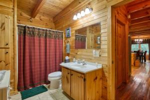 a bathroom with a sink and a toilet in a log cabin at Forest Hideaway in Maggie Valley +21 photos
