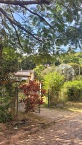 a garden with a iron gate and a tree at Kitnet Da Cláudia e Geovani in Miguel Pereira