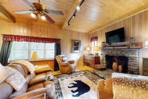 a living room with a couch and a fireplace at Bradley Bear Hideaway in Maggie Valley +35 photos