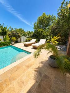 a pool with two lounge chairs and a palm tree at Villa costa mar in Cabrera +5 photos