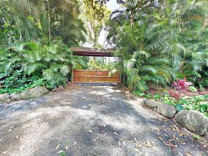 a driveway with a gate and some palm trees at Hawaiian Dream Temple in Kaupakulua
