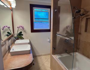 a bathroom with a sink and a shower at Hana Homestead in Hana
