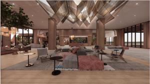 a rendering of a lobby with a living room at ASAI Gamuda Cove in Banting