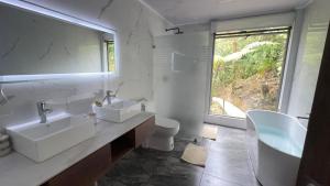 a bathroom with two sinks and a toilet and a window at SAMAY FOREST- MASHPI AMAGUSa in Mashpi +33 photos