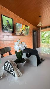 a black faucet on a table with a plant on it at SAMAY FOREST- MASHPI AMAGUSa in Mashpi