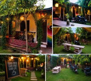 a collage of four pictures of a house at Baba hostel in Pushkar