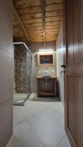 a bathroom with a sink and a glass shower at Stone Loft Suite in Karpenisi +25 photos