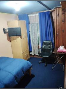 a bedroom with a bed and a desk and a chair at Pensión San Andrés in Concepción +8 photos