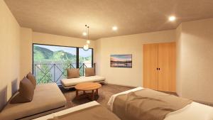a hotel room with a bed and a balcony at Yutorelo Nikko in Nikko