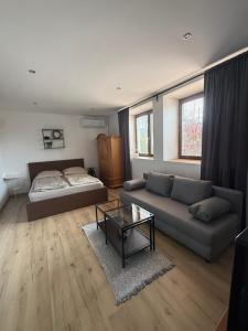 a living room with a couch and a bed at Apartment Dubnica Prejta in Dubnica nad Váhom