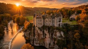 an castle on a cliff in the middle of a river at Cosy Green in Waulsort