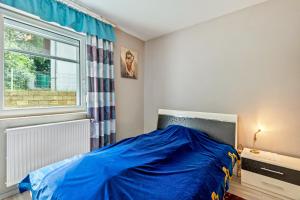 a bedroom with a blue bed and a window at Ferienwohnung Kleinramspau in Regenstauf