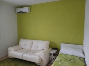 a living room with a white couch and a green wall at VILLa LIKA A NNEX in Plitvička Jezera