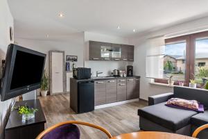 a kitchen and living room with a flat screen tv at Fewo Drei Gleichen Nr 2 in Wandersleben +8 photos