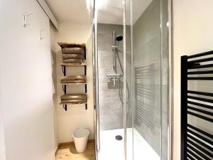 a shower stall in a bathroom with a toilet at Le Studio nature de La Pra in Herbeys
