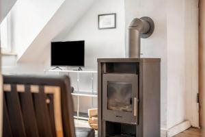 a fireplace in a living room with a tv at Large Apartment 60 M² With Garden in Emmendingen