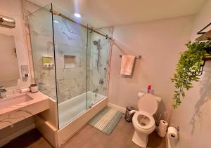 a bathroom with a shower and a toilet and a sink at The Classic Suite: 2BR close to NYC in Paterson