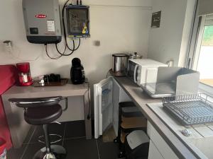 a kitchen with a counter top with a microwave and acomputer at Dépendance de Maison in Saint-Genis-Laval