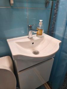 a bathroom sink with a soap bottle on it at Apartment Natasha in Paralia Katerinis +11 photos
