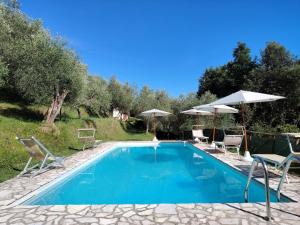 a swimming pool with chairs and umbrellas at Rustico Lo Scarpone in Camaiore