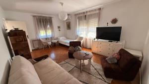 a living room with a couch and a flat screen tv at Magnolia guest house in Karlovac