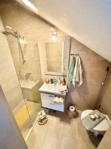 a bathroom with a shower and a sink and a toilet at Stonehouse Kotor Bay in Kotor +36 photos