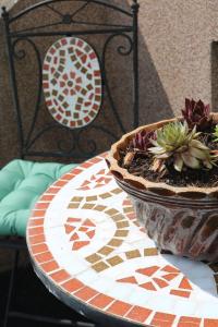 a table with a potted plant on top of it at Lenz Stay - Ganzes Ferienhaus mit privatem Garten in Kaisersberg
