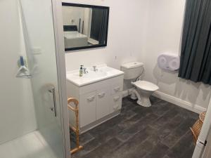 a bathroom with a sink and a toilet and a mirror at Sullivans backpackers in Waimate +6 photos