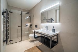 a bathroom with a sink and a shower and a toilet at Rigi Lakeside Apartments in Merlischachen +58 photos