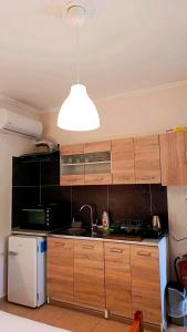 a kitchen with wooden cabinets and a white refrigerator at Grapes and Roses in Igoumenitsa