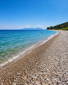 a beach with a rocky shoreline and the ocean at Thalassia Pefkias Apartment in Xylokastro
