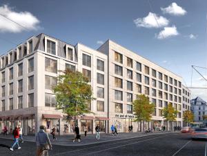 a rendering of a large building on a street at Me and All Hotel Leipzig, by Hyatt in Leipzig