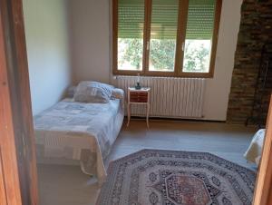 a bedroom with two beds and a window and a rug at La Chênaie Gîte in Sampzon