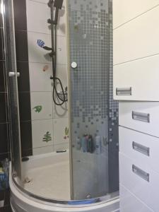 a shower with a glass door in a bathroom at Makedonium 1 in Struga +7 photos
