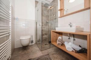 a bathroom with a shower and a sink and a toilet at Doppelzimmer Deutschmann in Sankt Johann im Pongau
