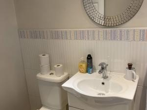 a bathroom with a sink and a toilet and a mirror at The Cottage in Middlesbrough +16 photos
