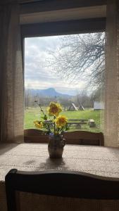 a vase with yellow flowers sitting on a table in front of a window at Breb 220D in Breb