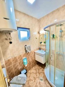 a bathroom with a shower and a toilet and a sink at Apartments Djurovic in Kotor +67 photos