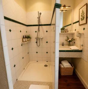 a bathroom with a shower and a bath tub at Chez Vanessa Entrée privée avec escalier in Saint-Gervais-dʼAuvergne