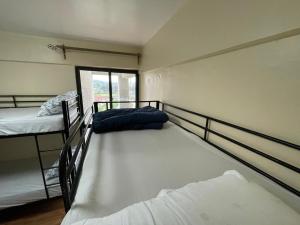 a room with two bunk beds and a window at Xenia Backpackers in Nairobi
