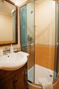 a bathroom with a sink and a shower at Avenue Hotel in Chernivtsi