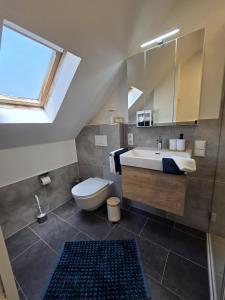 a bathroom with a sink and a toilet and a window at Ferienhaus Eifel Horizont in Neuheilenbach +60 photos