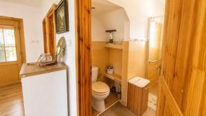 a small bathroom with a toilet and a shower at Domček u Kubáňov in Bešeňová